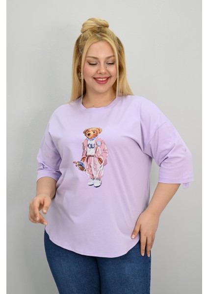 Kadın Büyük Beden Kısa Kollu Taş Detaylı Ayı Baskılı Oversize T-Shirt 1926-25 fiyatları