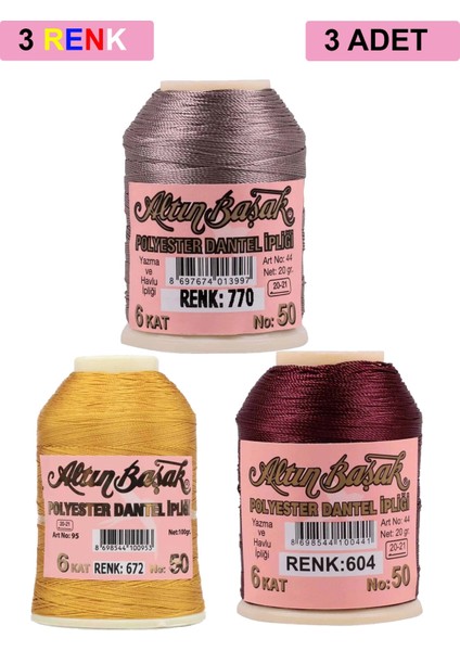 3 Adet Altınbaşak Oya ve Dantel Ipi 20 gr - Royaleks - No: 672 - 604 - 770