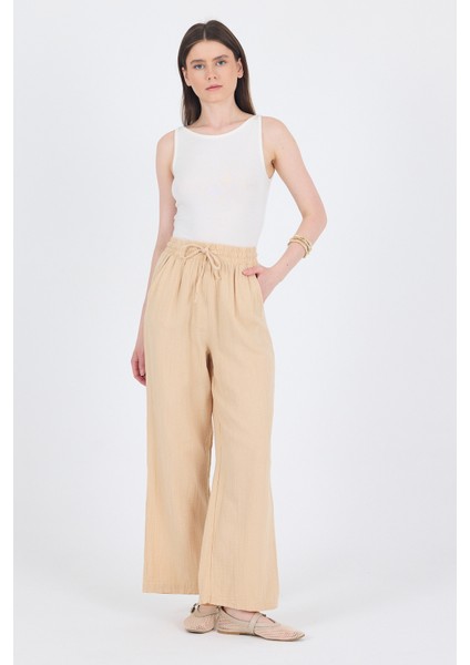 Bej %100 Pamuk Müslin Palazzo/bol Paça Pantolon 8056A