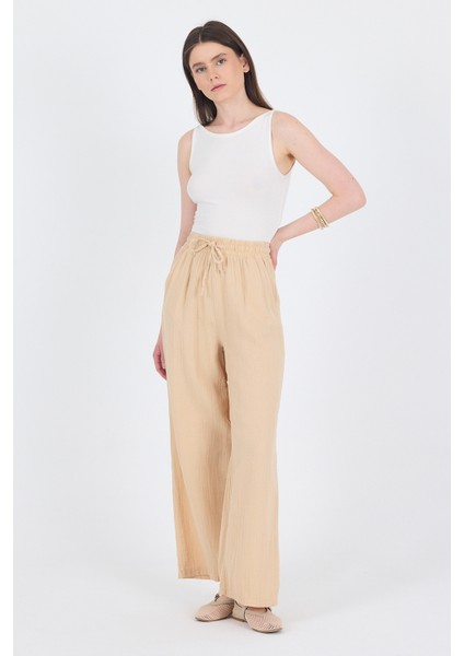 Bej %100 Pamuk Müslin Palazzo/bol Paça Pantolon 8056A fiyatları