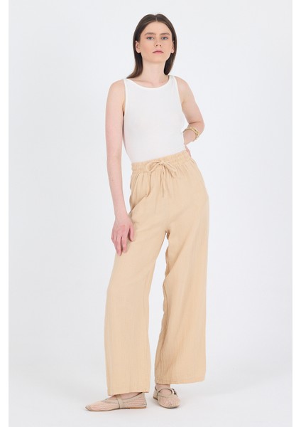 Bej %100 Pamuk Müslin Palazzo/bol Paça Pantolon 8056A modelleri