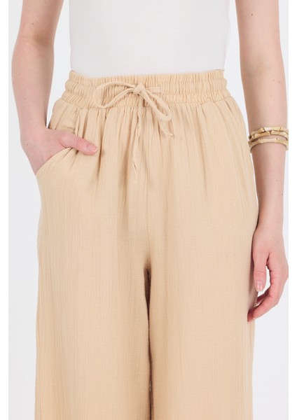 Bej %100 Pamuk Müslin Palazzo/bol Paça Pantolon 8056A fırsatları