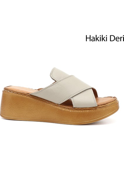 Kadın Krem Dolgu Taban Hakiki Deri Terlik