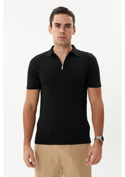 Erkek Siyah %100 Pamuk Yarım Fermuarlı Polo Triko Tişört