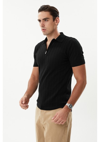Erkek Siyah %100 Pamuk Yarım Fermuarlı Polo Triko Tişört fiyatları