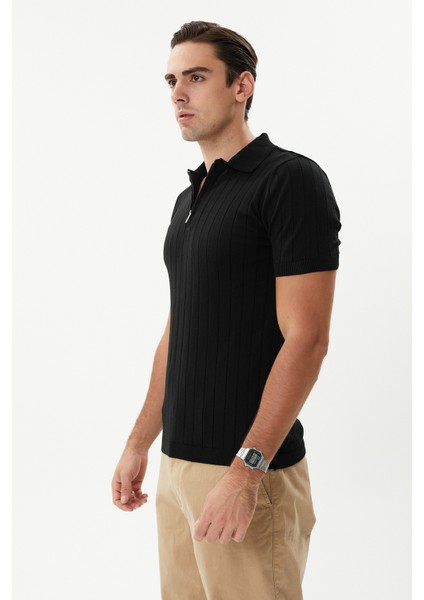Erkek Siyah %100 Pamuk Yarım Fermuarlı Polo Triko Tişört modelleri