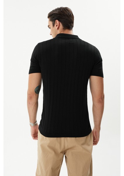 Erkek Siyah %100 Pamuk Yarım Fermuarlı Polo Triko Tişört indirimleri