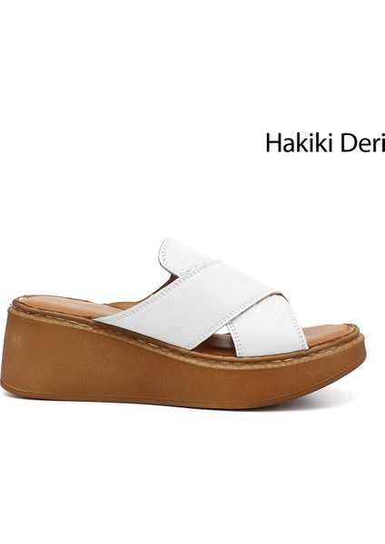 Kadın Beyaz Dolgu Taban Hakiki Deri Terlik