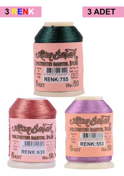 3 Adet Altınbaşak Oya ve Dantel Ipi 20 gr - Royaleks - No: 639 - 553 - 755
