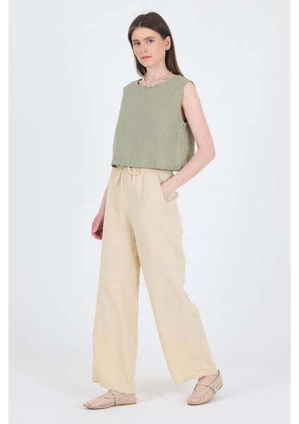 Taş %100 Pamuk Müslin Palazzo/bol Paça Pantolon 8056A