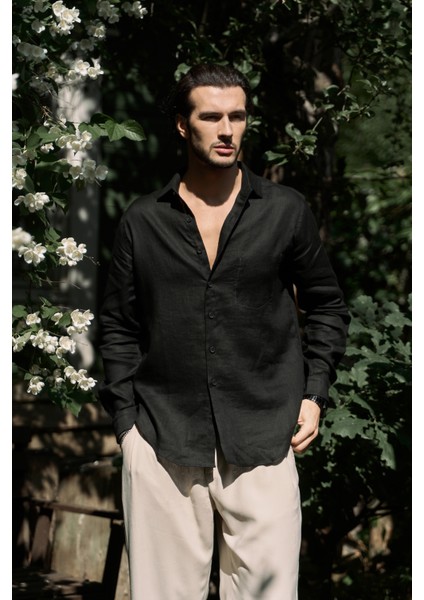 Ombretta Siyah Keten Oversize Erkek Gömlek