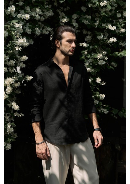 Ombretta Siyah Keten Oversize Erkek Gömlek modelleri