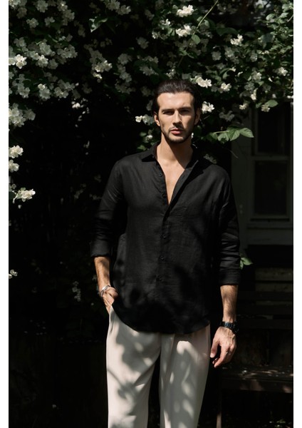 Ombretta Siyah Keten Oversize Erkek Gömlek fırsatları