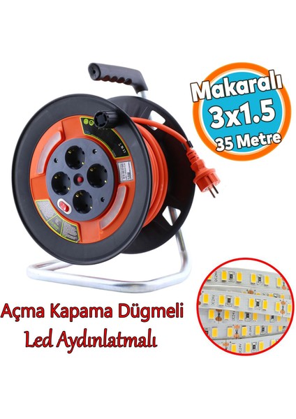 Plastik Makaralı 35 Metre Seyyar Cca Kablo 4 Prizli Monofaze Uzatma Kablosu 3x1.5 mm Ttr Kablo
