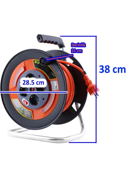 Plastik Makaralı 35 Metre Seyyar Cca Kablo 4 Prizli Monofaze Uzatma Kablosu 3x1.5 mm Ttr Kablo