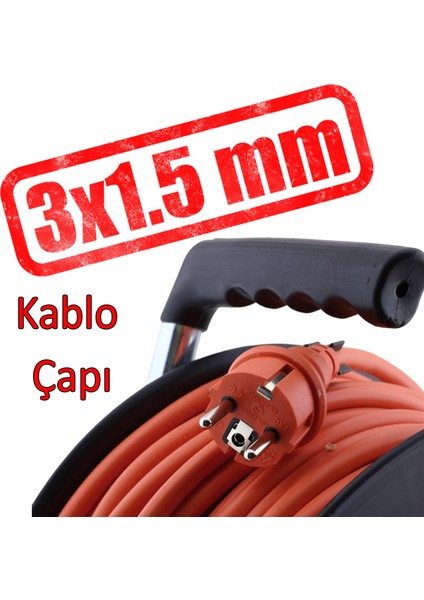 Plastik Makaralı 35 Metre Seyyar Cca Kablo 4 Prizli Monofaze Uzatma Kablosu 3x1.5 mm Ttr Kablo