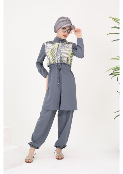 Sabrina Gri Desenli Tesettür Paraşüt Ikili Mayo Takım 364