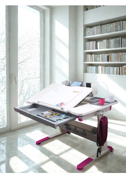Yükseklik ve Eğim Ayarlı, Sirius Standart Bilgisayar, Ofis ve Çalışma Masası Beyaz/Fuşya