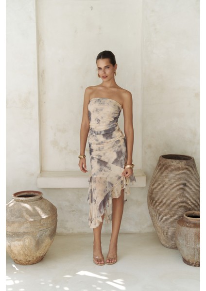 Stracnaha Drape Detaylı Sarı Straplez Elbise modelleri