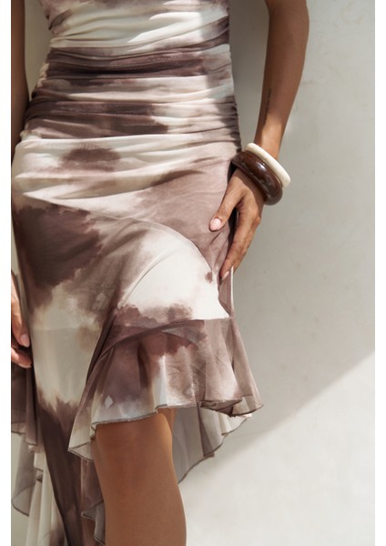 Stracnaha Drape Detaylı Kahve Straplez Elbise