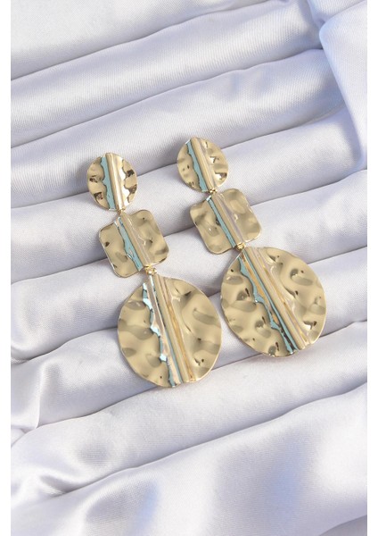 Pirinç Gold Renk Geometrik Ezme Plaka Küpe