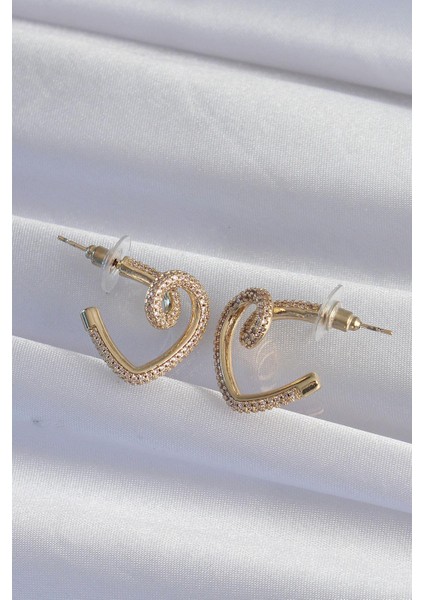 Pirinç Gold Renk Zirkon Taşlı Kıvrımlı Yarım Kalp Küpe fiyatları