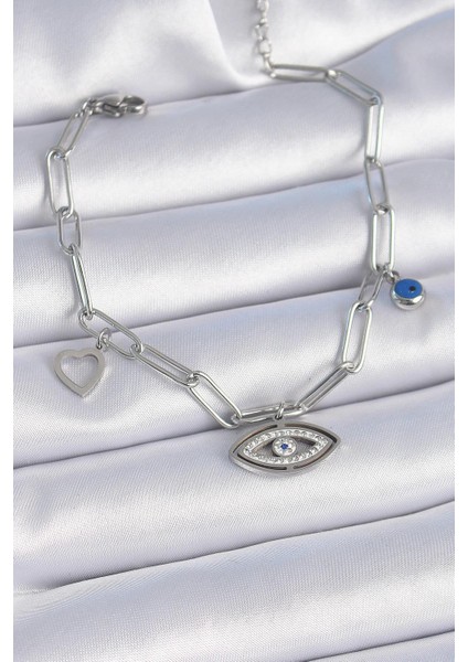 316L Çelik Gümüş Renk Zirkon Taşlı Göz Figür Kalp Detay Kadın Bileklik