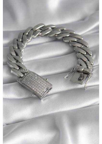 Pirinç Gümüş Renk Zirkon Taşlı Zincir Vıp Exclusive Seri Gurmet Model Kadın Bileklik