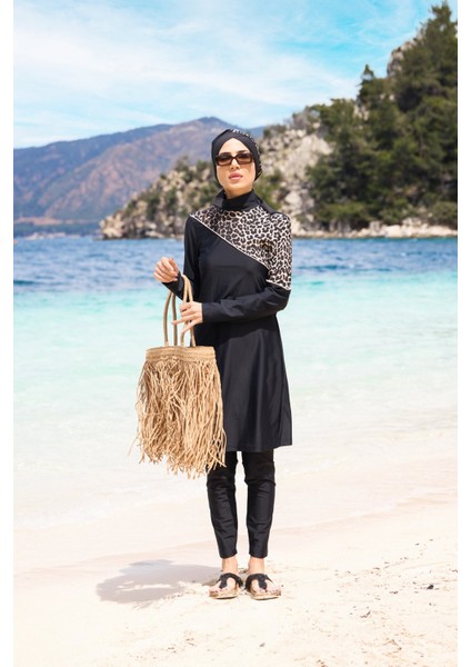 Serengeti Leopar Model Omuz Desenli Lycralı Tasarım Tesettür Ikili Mayo Takım