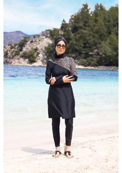 Serengeti Leopar Model Omuz Desenli Lycralı Tasarım Tesettür Ikili Mayo Takım fiyatları
