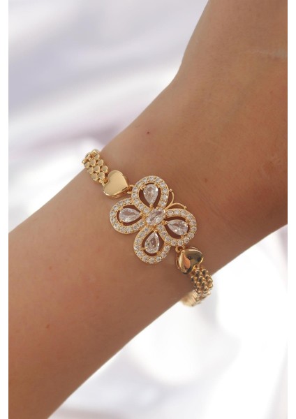 Pirinç Gold Renk Zirkon Taşlı Kelebek Figürlü Parçalı Model Bileklik modelleri