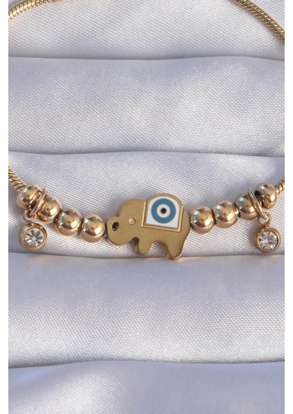 316L Çelik Gold Renk Zirkon Taşlı Nazarlı Fil Tasarımlı Bileklik fiyatları
