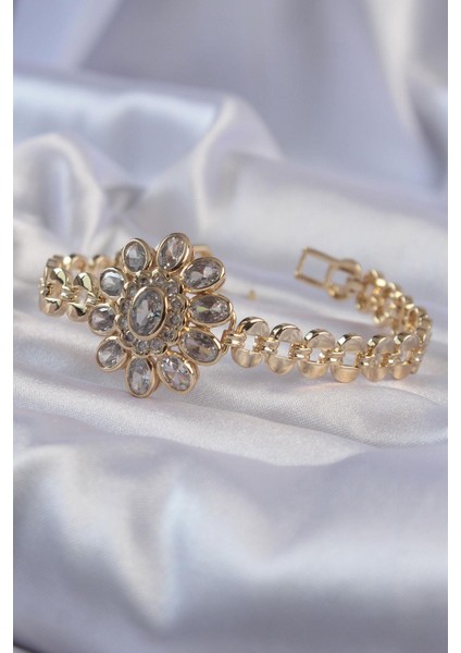 Pirinç Gold Renk Iri Zirkon Taşlı Çiçek Figürlü Bileklik indirimleri