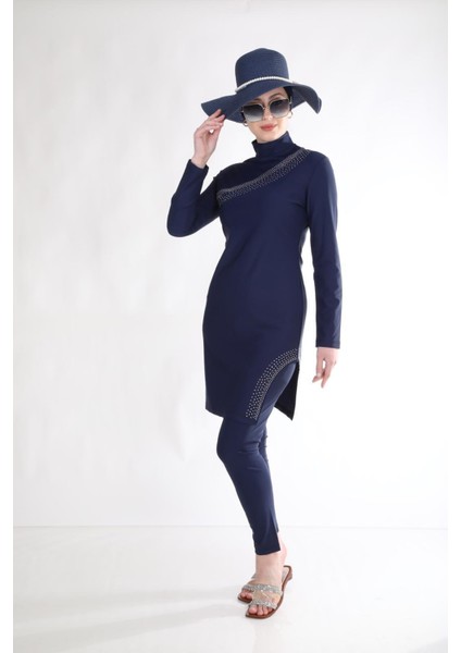 Gümüş Taşlı Lacivert Tasarım Tesettür Mayo Takım