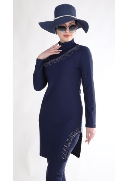 Gümüş Taşlı Lacivert Tasarım Tesettür Mayo Takım fiyatları