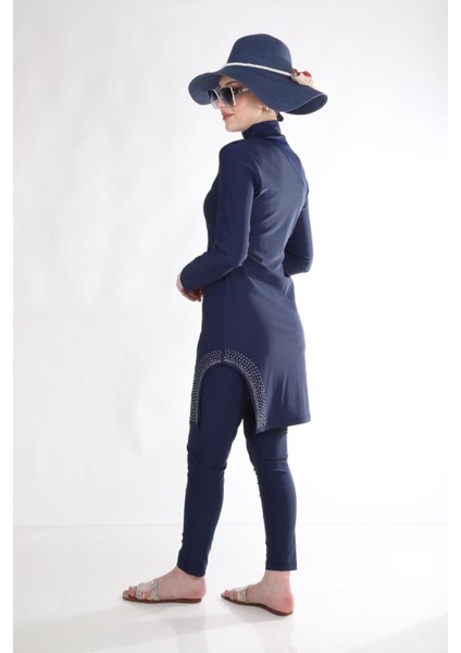 Gümüş Taşlı Lacivert Tasarım Tesettür Mayo Takım modelleri