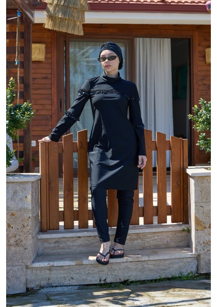 Belinda Boncuk Detaylı Siyah Ikili Tasarım Tesettür Mayo