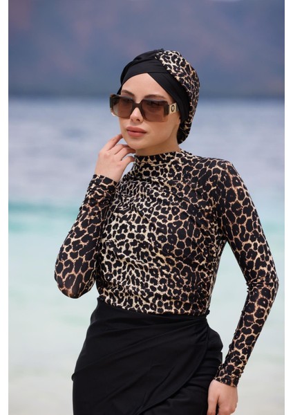 Serengeti Model Leopar Desenli Etekli Yanı Büzgülü Lycralı Tasarım Tesettür Mayo Takım modelleri