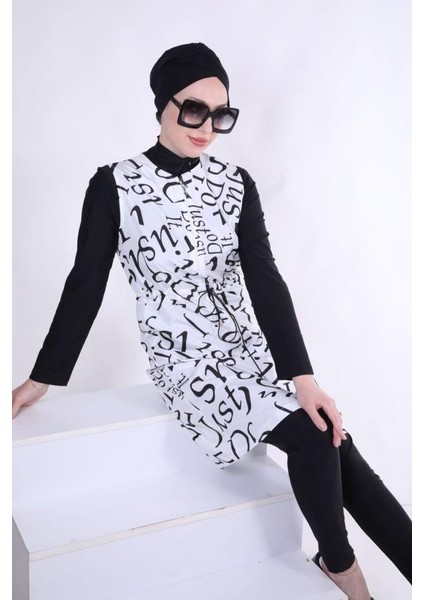 Yazılı Desen Paraşüt Kumaştan 3'lü Mayo Takımı Beyaz