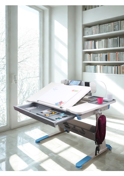 Yükseklik ve Eğim Ayarlı, Sirius Standart Bilgisayar, Ofis ve Çalışma Masası Beyaz/Mavi