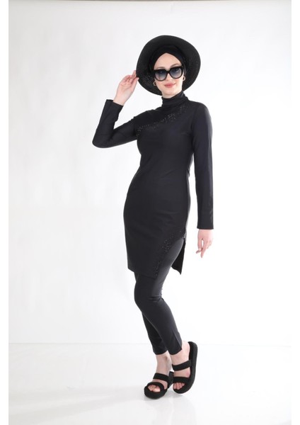 Siyah Taşlı Siyah Tasarım Tesettür Mayo Takım
