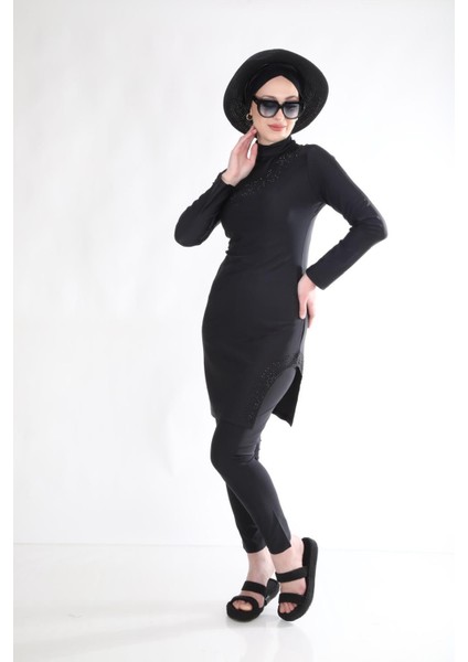 Siyah Taşlı Siyah Tasarım Tesettür Mayo Takım modelleri