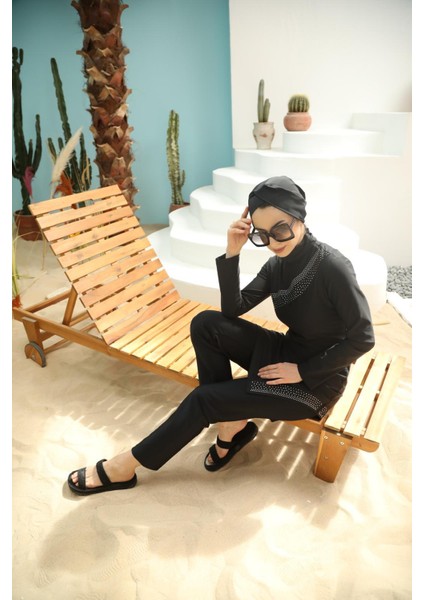 Gümüş Taşlı Siyah Tasarım Tesettür Mayo Takım modelleri