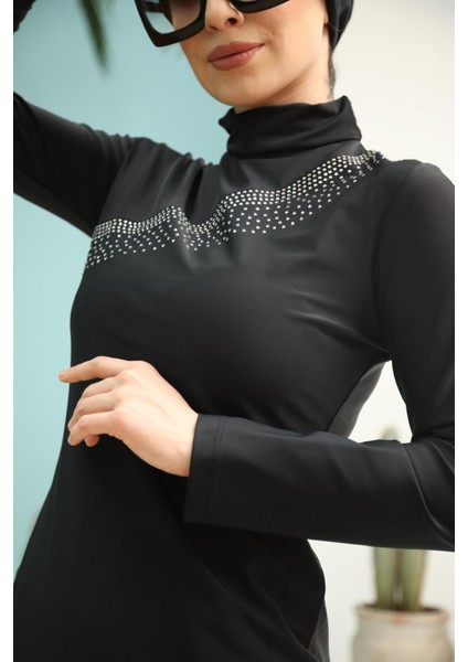 Gümüş Taşlı Siyah Tasarım Tesettür Mayo Takım fırsatları