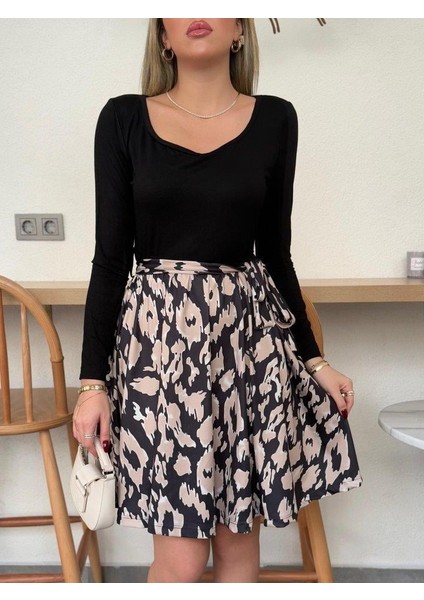 Kadın Uzun Kollu Kare Yaka Viskon Bluz Alt Süprem Baskılı Belden Kuşaklı Kısa Elbise fiyatları