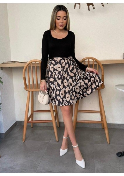 Kadın Uzun Kollu Kare Yaka Viskon Bluz Alt Süprem Baskılı Belden Kuşaklı Kısa Elbise modelleri