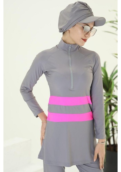 Golf Pembe Şeritli Gri Tasarım Tesettür Ikili Mayo Takım fiyatları