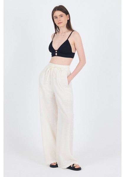 Beyaz Keten Görünümlü %100 Pamuk Bol Paça Pantolon 3040