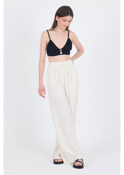 Beyaz Keten Görünümlü %100 Pamuk Bol Paça Pantolon 3040 fiyatları