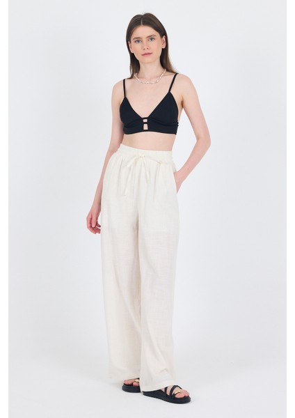 Beyaz Keten Görünümlü %100 Pamuk Bol Paça Pantolon 3040 modelleri